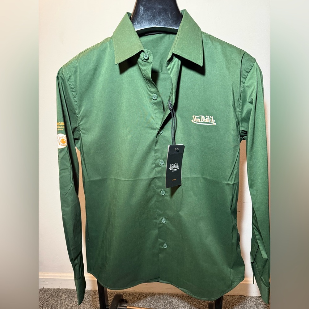 NWT Von Dutch Originals Green Button Up Long Sleeve Graphics Shirt Men Sz Small